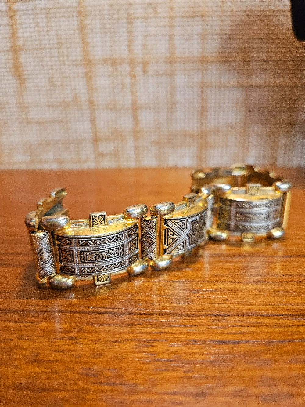 Vintage Spain Damascene Geometric Gold Link Bracelet|12878