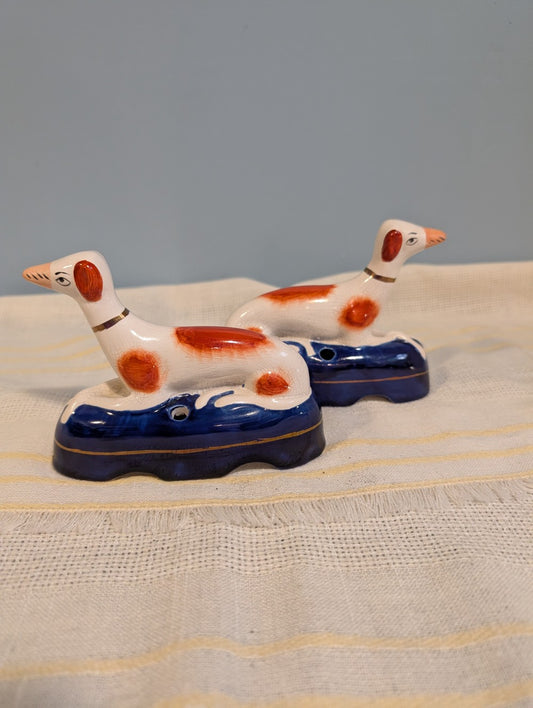 Pair of RARE 19th century English Staffordshire whippet - greyhound ink wells|9819