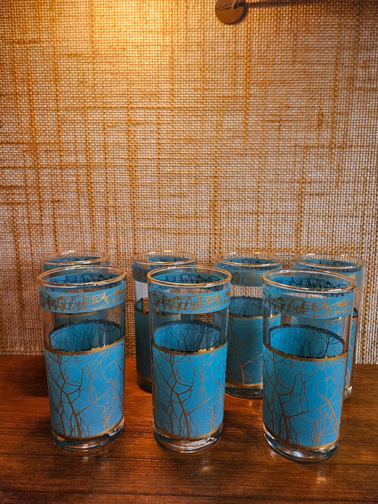 C632 Set of 7 aqua & gold crackle  tall glasses|12757