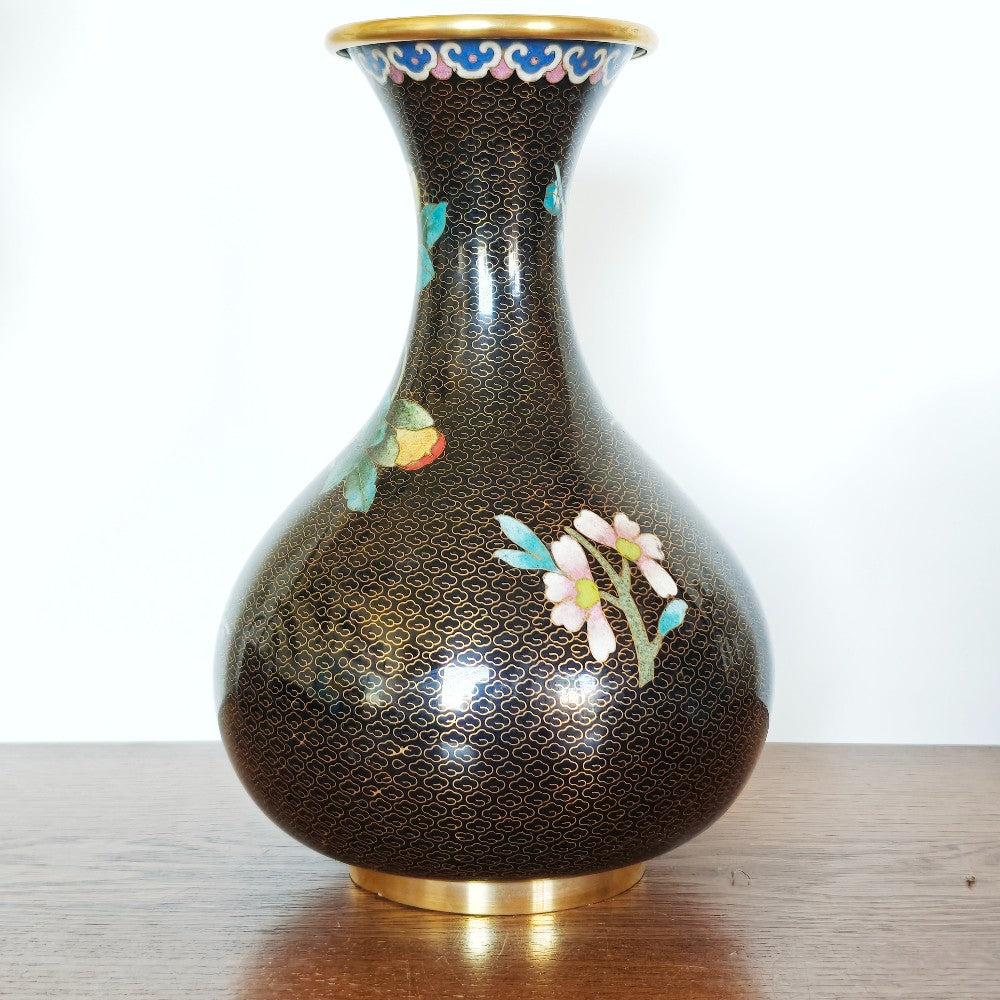 Large black cloisonné vase with flowers|13713