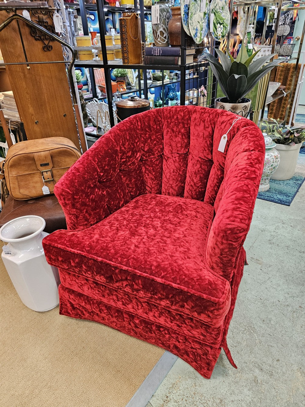 Red velvet chair on casters|16714
