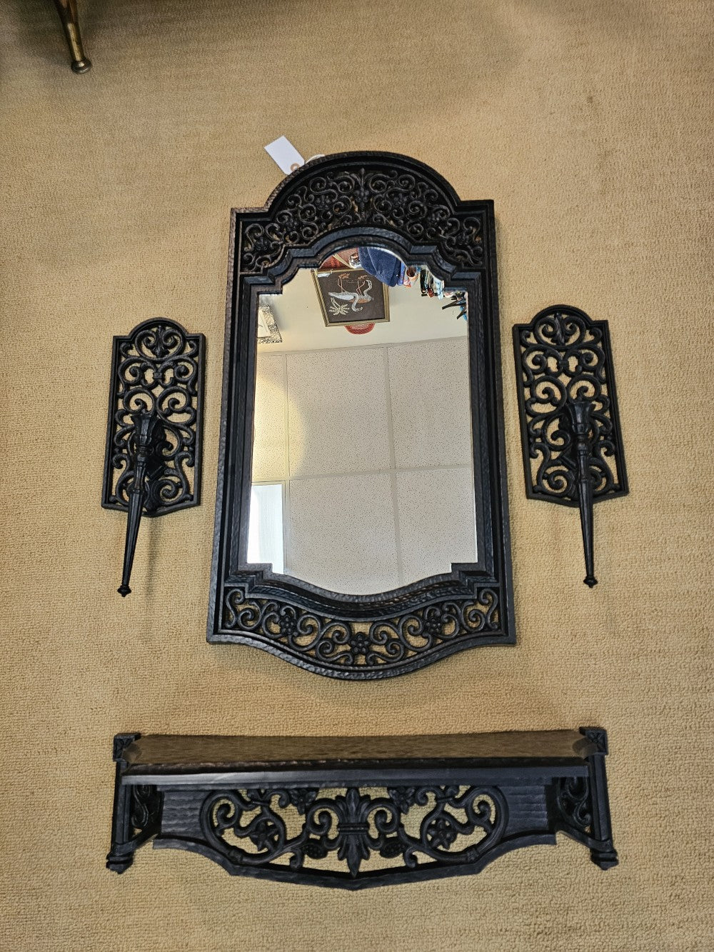 Syroco MIrror, Shelf & sconces in Black|17210