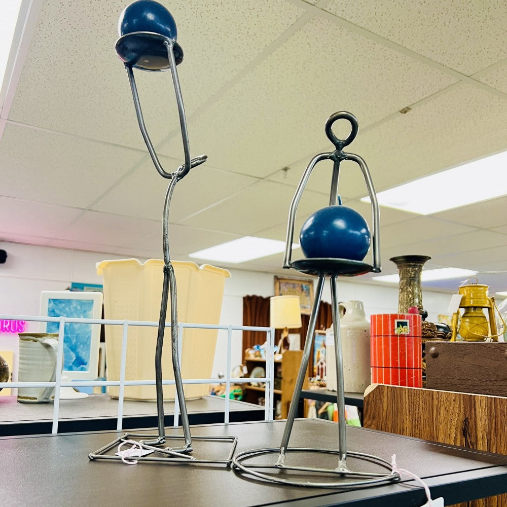 Pair of hand forged stick figure candle holders, 1990s|11121