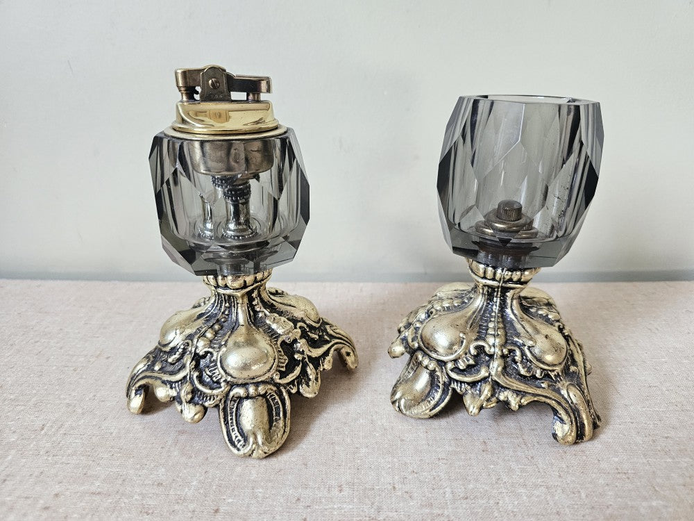 Brass & Smoked Glass Table Lighter Pair|12726