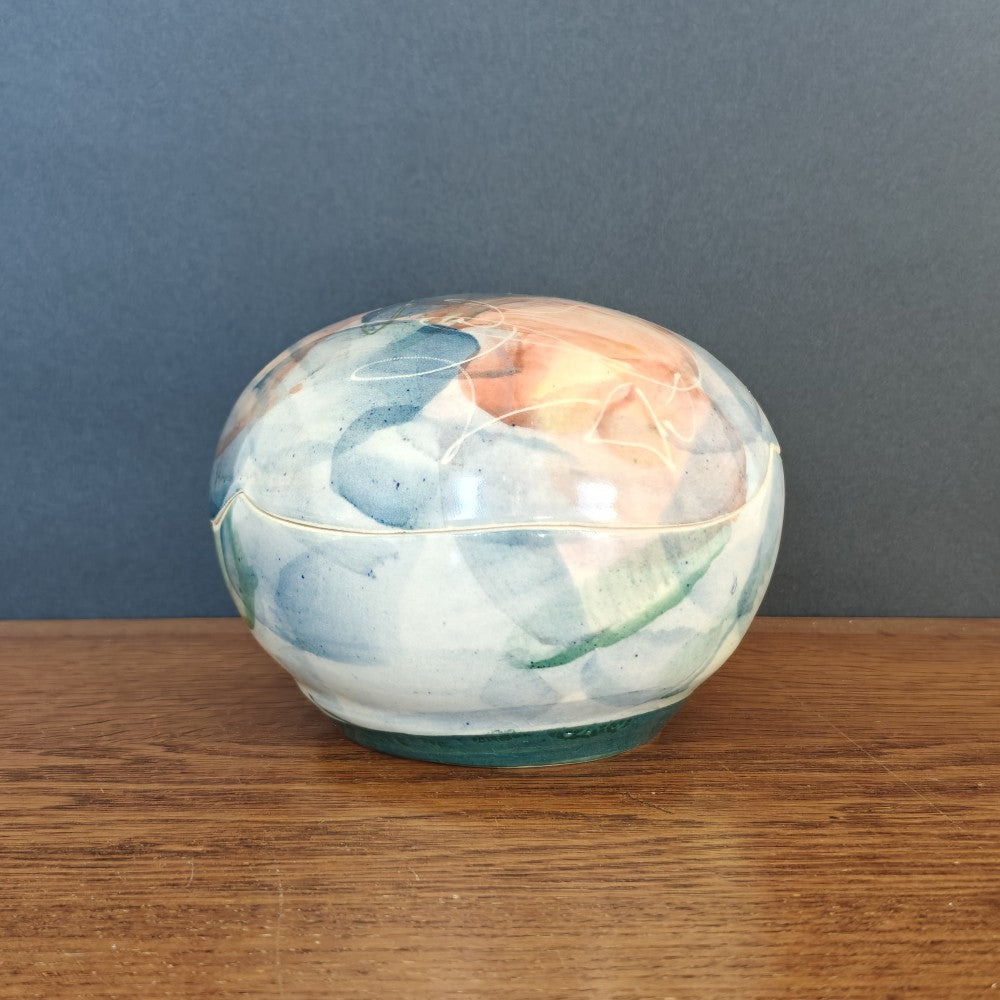 Art pottery lidded box. Pink and blue abstract|10830