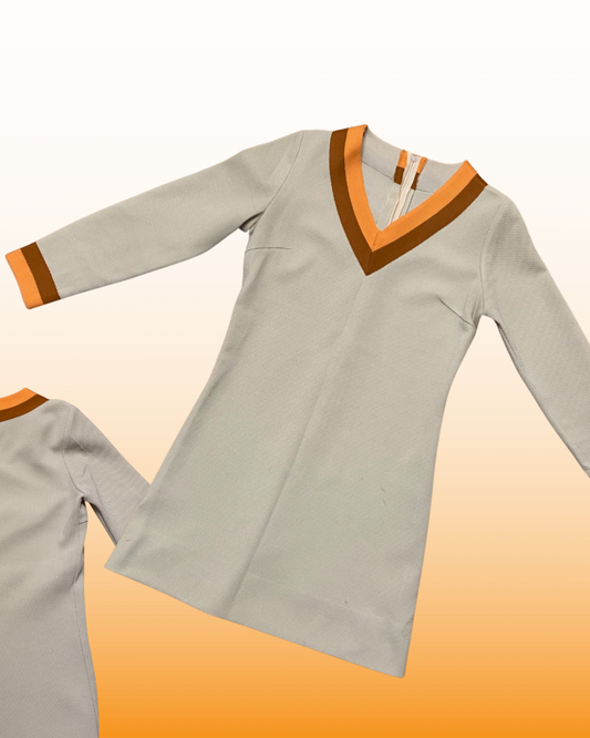 70s Tan & Orange Polyester Minidress|10987