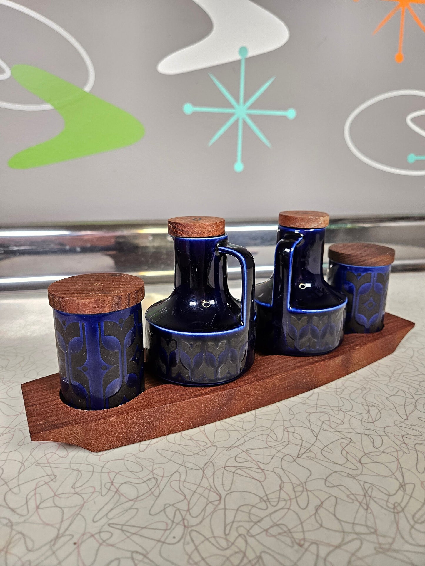 Hornsea Heirloom Oil Vinegar Salt and Pepper Set, Midnight Blue, Original Wood Stand by John Clappison