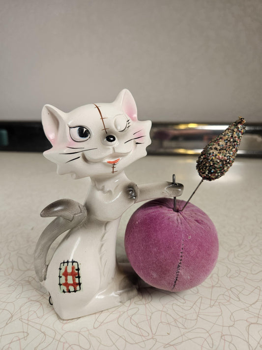 RARE Vintage Kitty Pincushion, Winking Cat, Tapemeasure, Japan, Ceramic