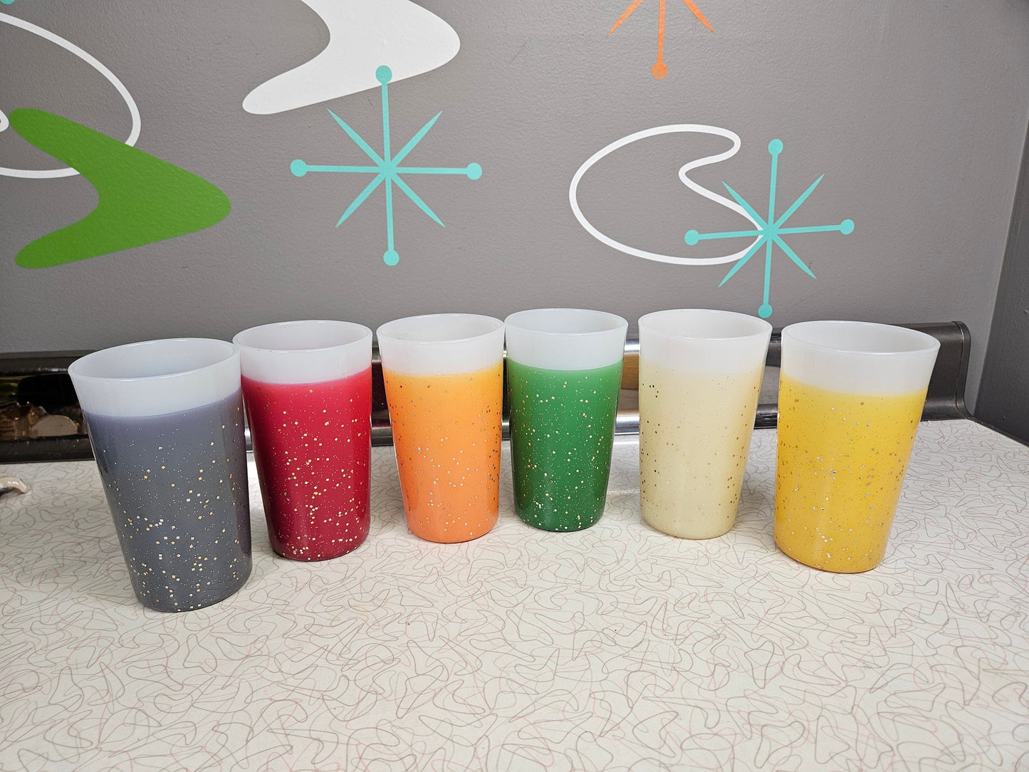 Vintage Glamalite Fire King Tumblers Glitter Rubber Coated Milk Glass