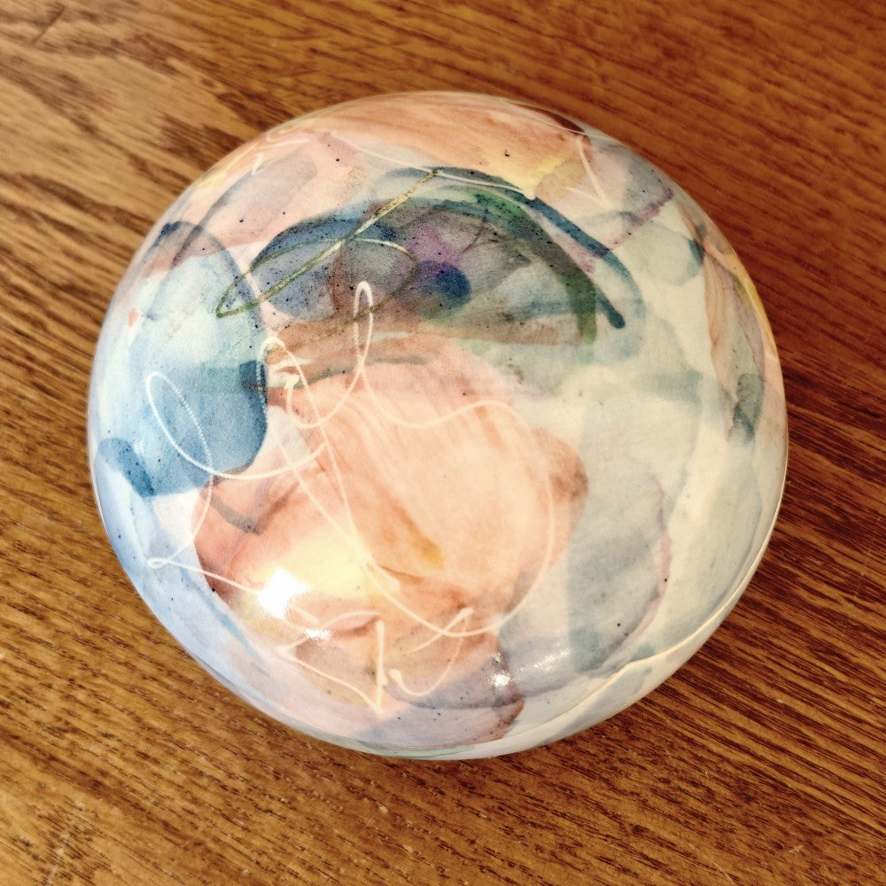 Art pottery lidded box. Pink and blue abstract|10910