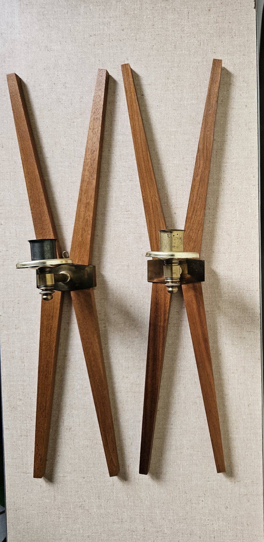 Set of Two, Teak and Brass Pillar Candle Sconces|10109