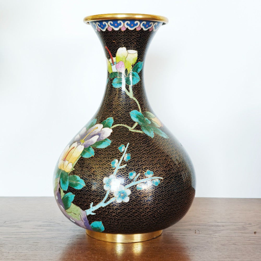 Large black cloisonné vase with flowers|13714