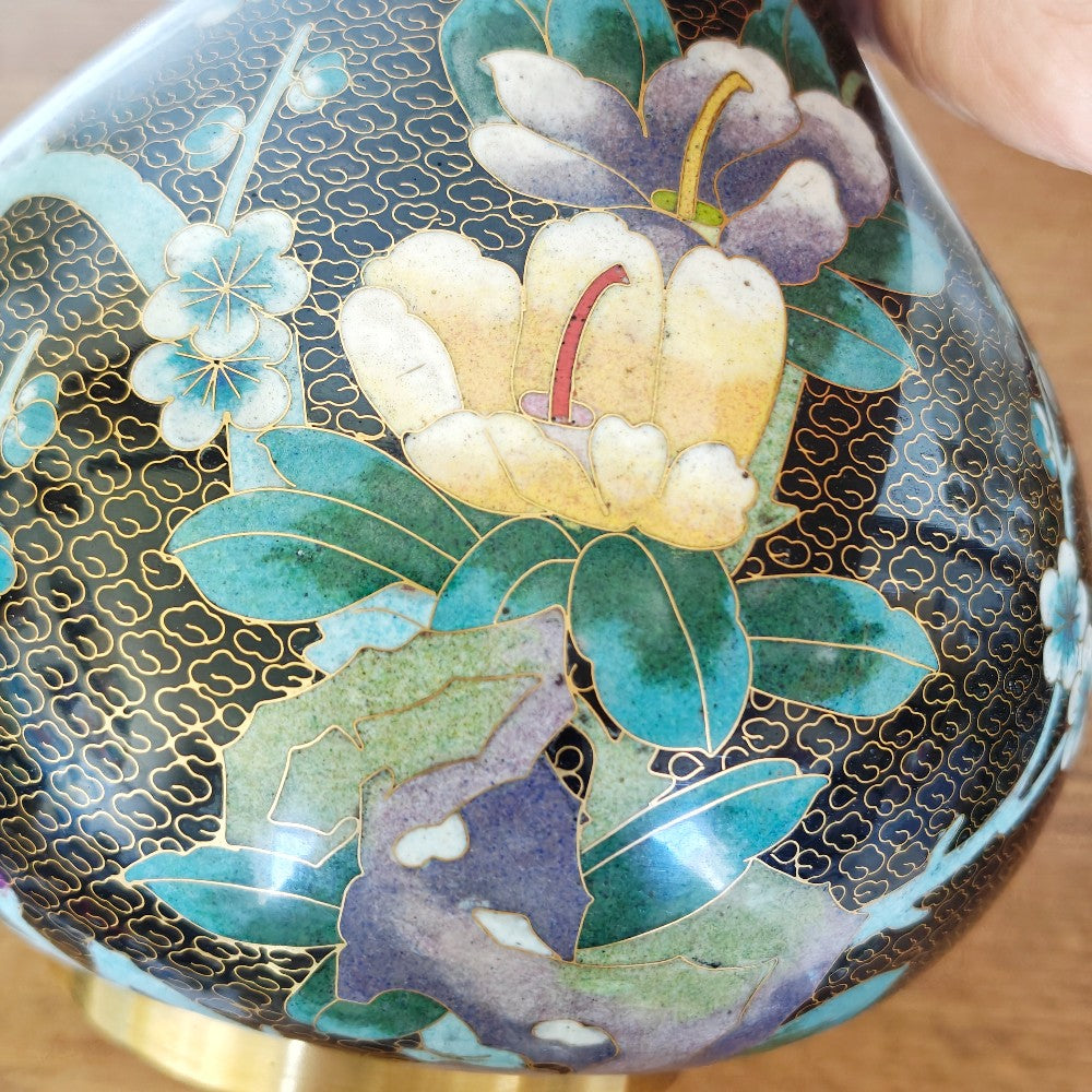 Large black cloisonné vase with flowers|13716