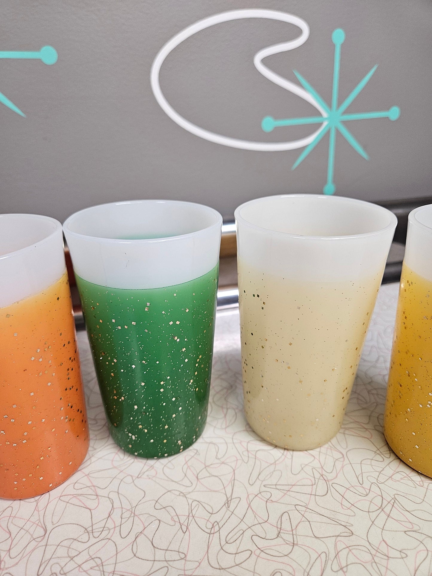 Vintage Glamalite Fire King Tumblers Glitter Rubber Coated Milk Glass