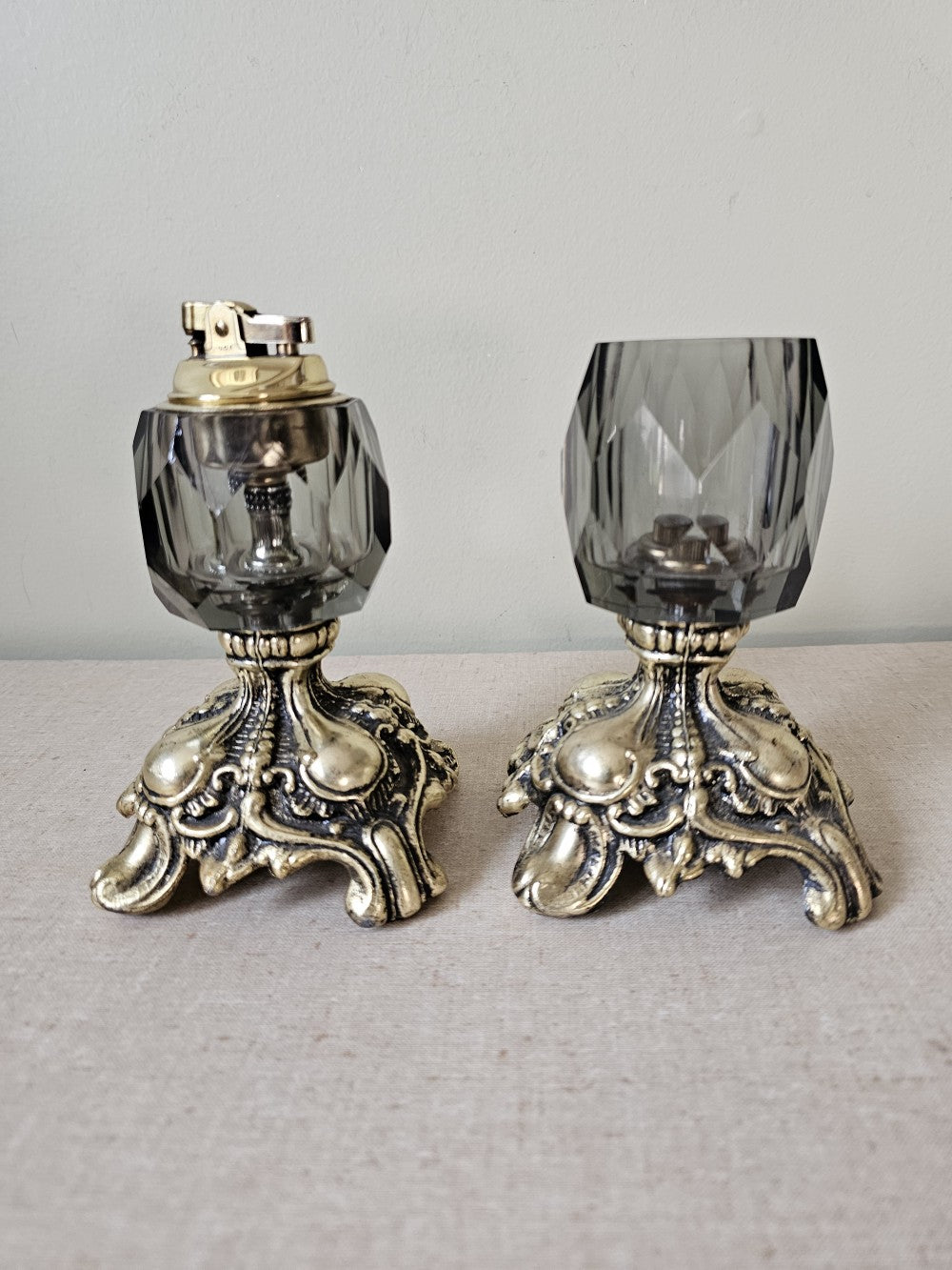 Brass & Smoked Glass Table Lighter Pair|12731
