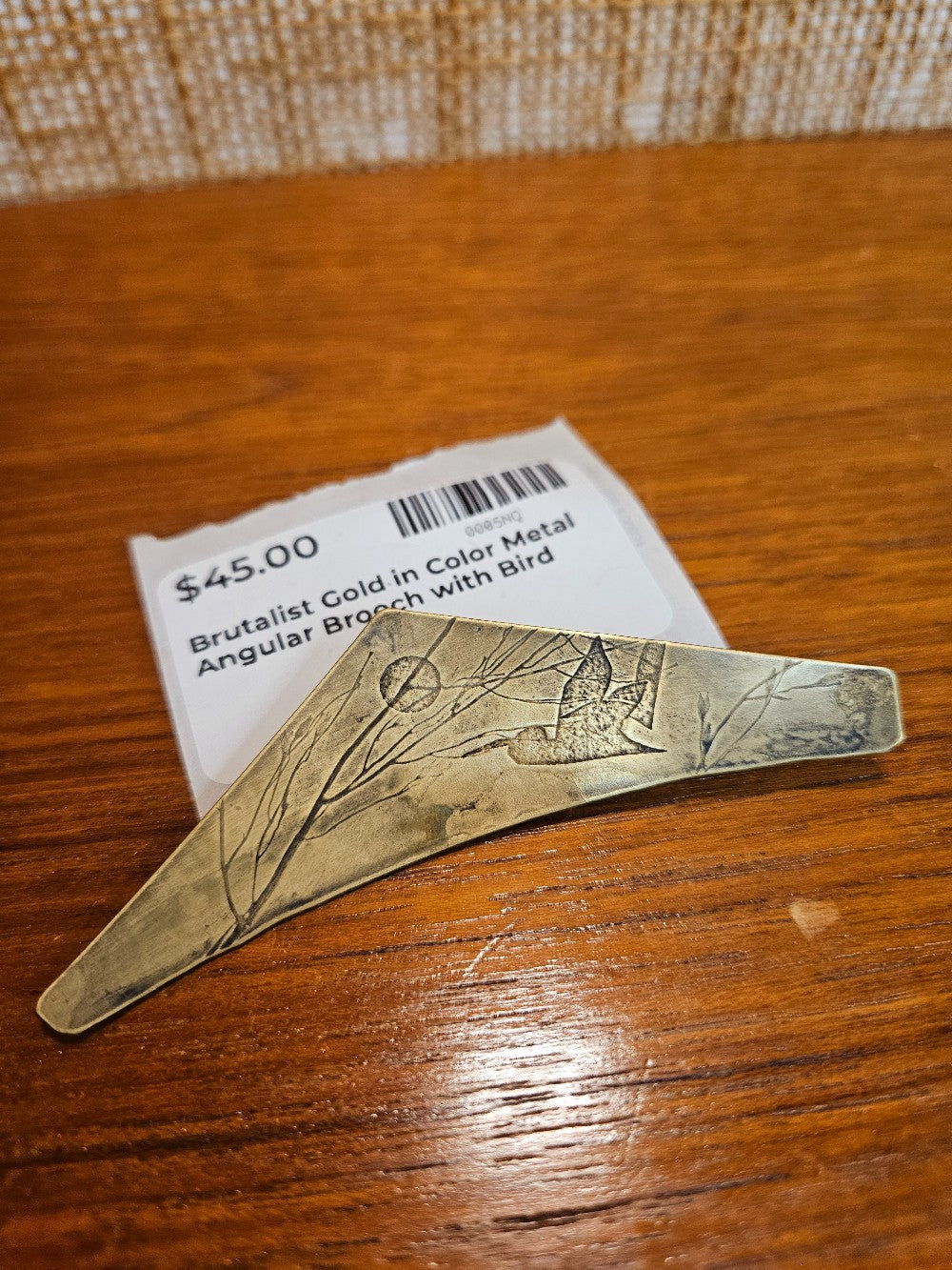 Brutalist Gold in Color Metal Angular Brooch with Bird|12859