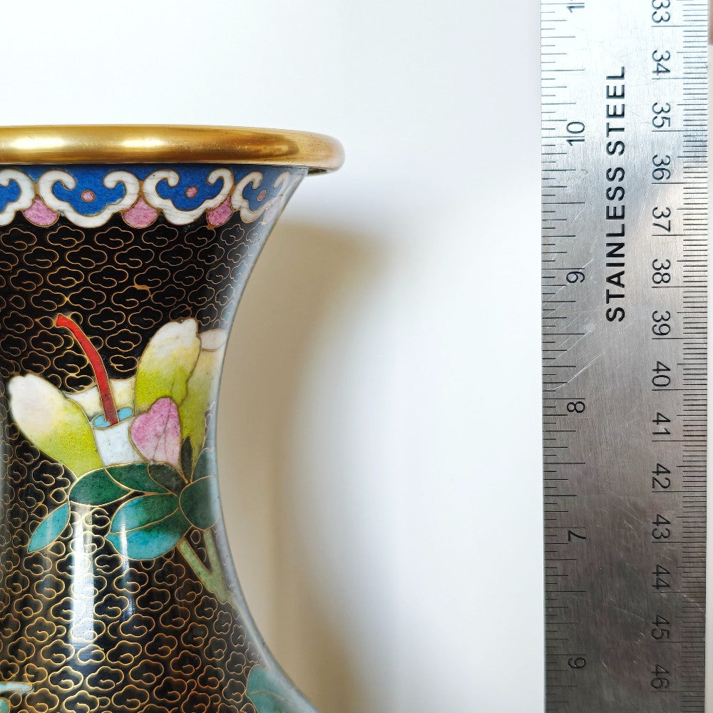 Large black cloisonné vase with flowers|13710