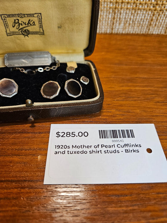 1920s Mother of Pearl Cufflinks and tuxedo shirt studs - Birks Formal Stud Set|12647
