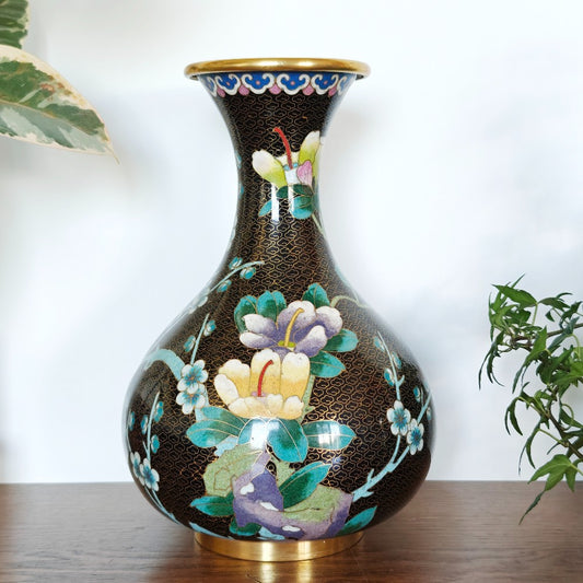 Large black cloisonné vase with flowers|13708