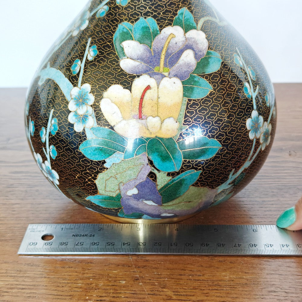 Large black cloisonné vase with flowers|13711