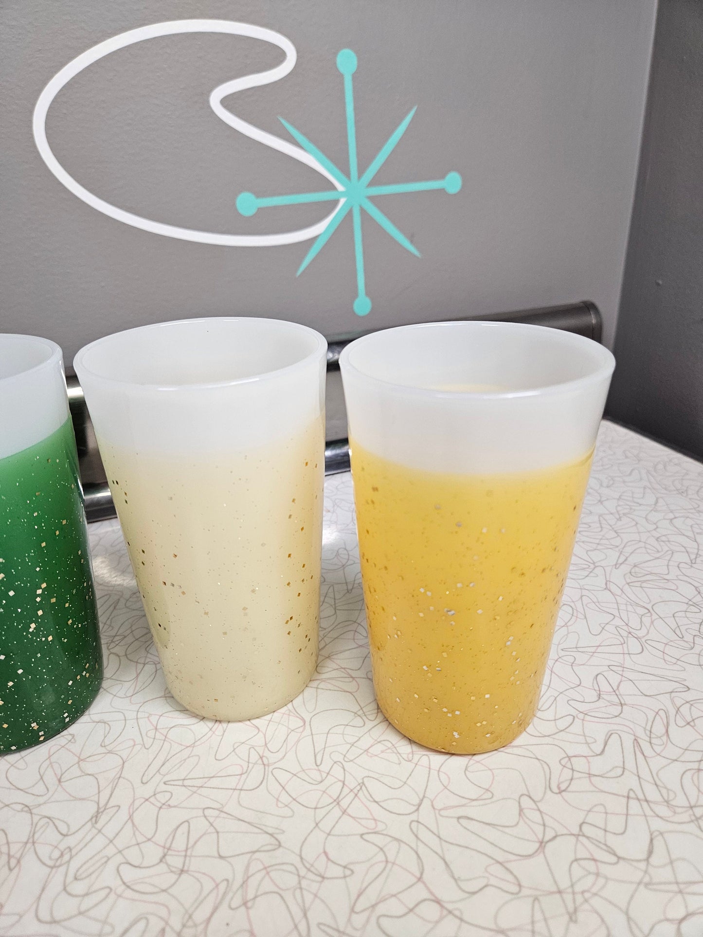 Vintage Glamalite Fire King Tumblers Glitter Rubber Coated Milk Glass