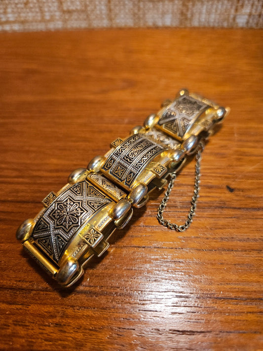 Vintage Spain Damascene Geometric Gold Link Bracelet|12874