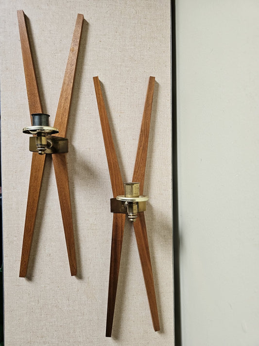 Set of Two, Teak and Brass Pillar Candle Sconces|9399