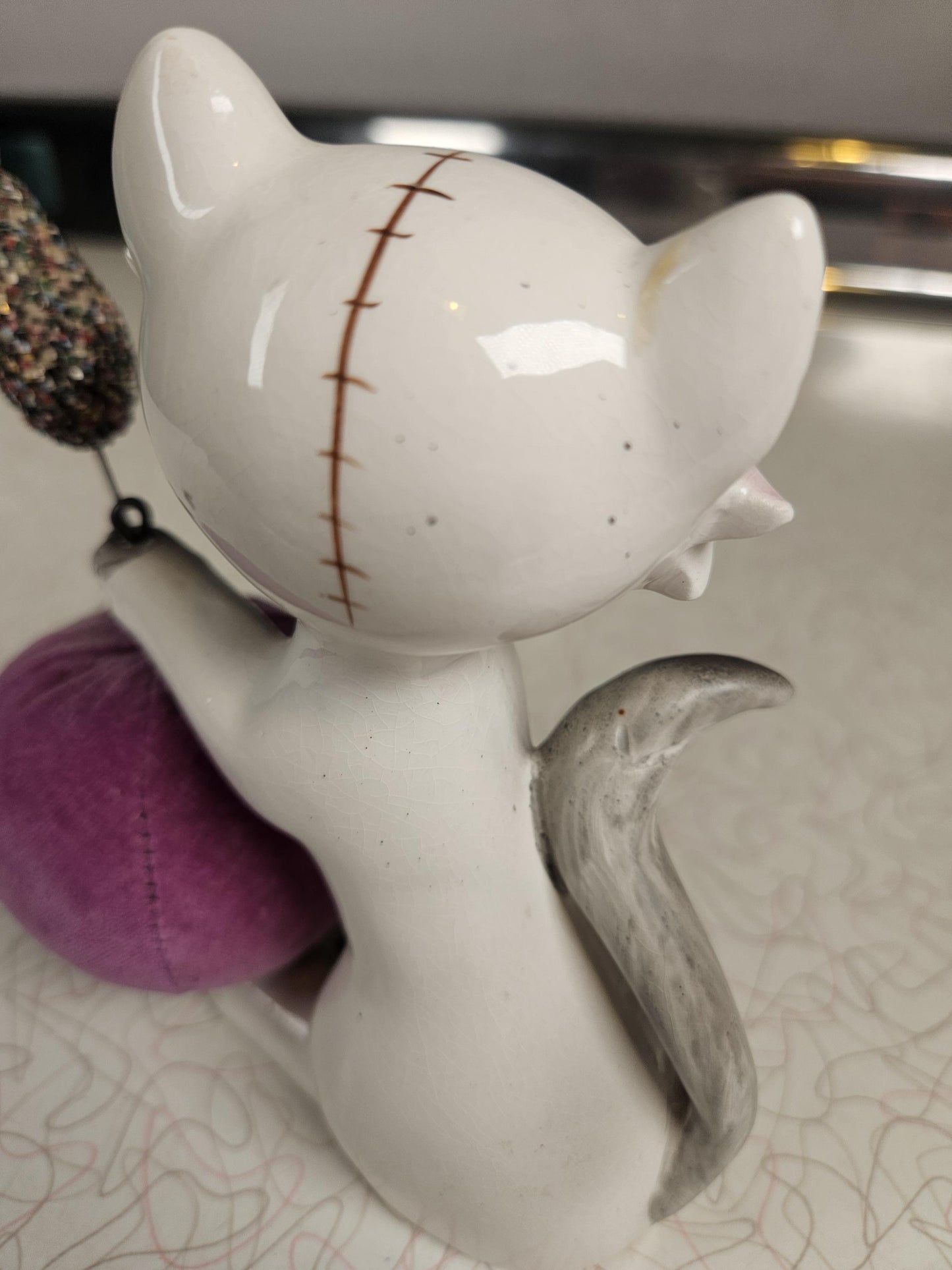 RARE Vintage Kitty Pincushion, Winking Cat, Tapemeasure, Japan, Ceramic