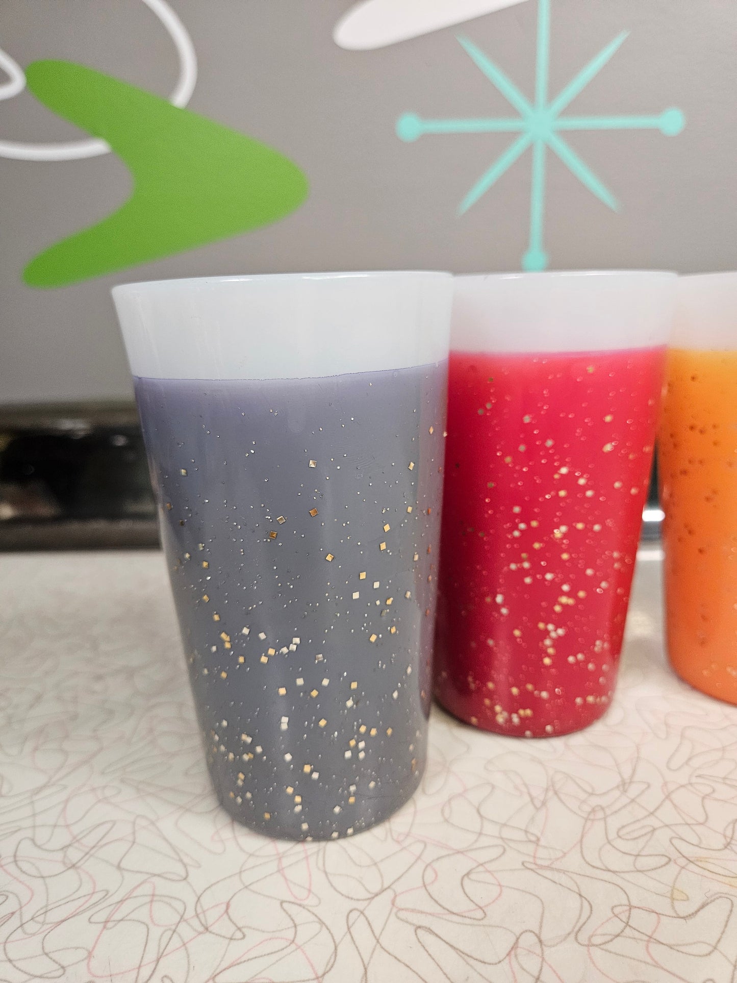 Vintage Glamalite Fire King Tumblers Glitter Rubber Coated Milk Glass