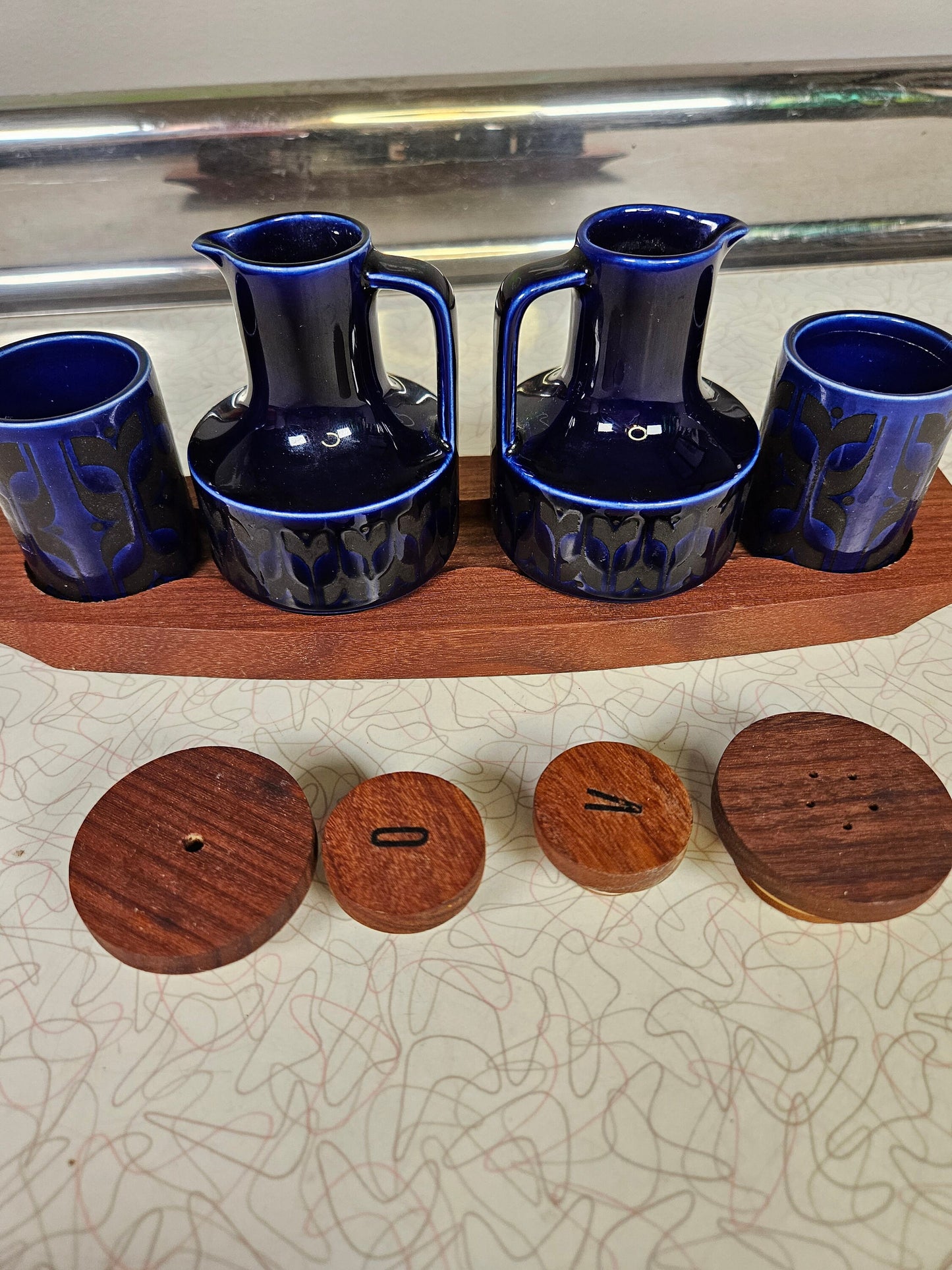 Hornsea Heirloom Oil Vinegar Salt and Pepper Set, Midnight Blue, Original Wood Stand by John Clappison