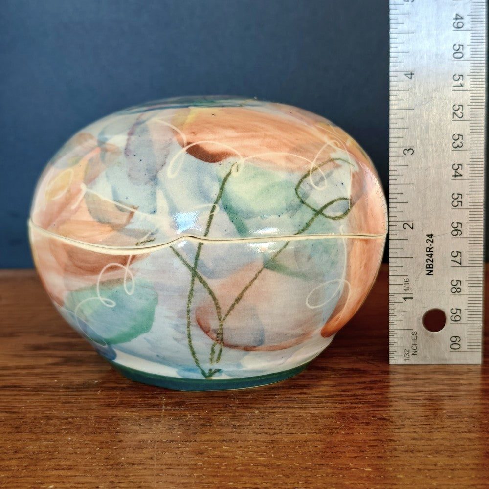 Art pottery lidded box. Pink and blue abstract|10916