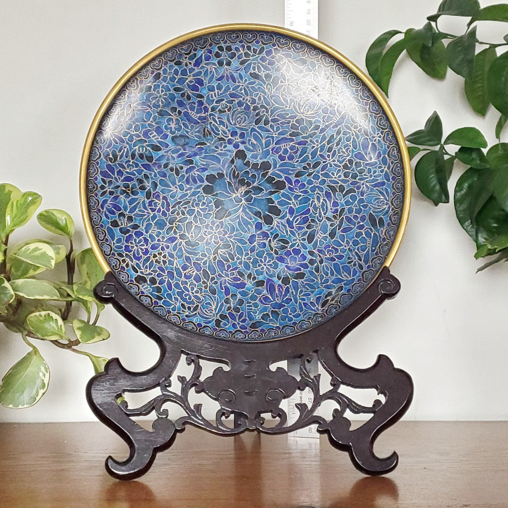 Large blue cloisonné plate on a stand|13720