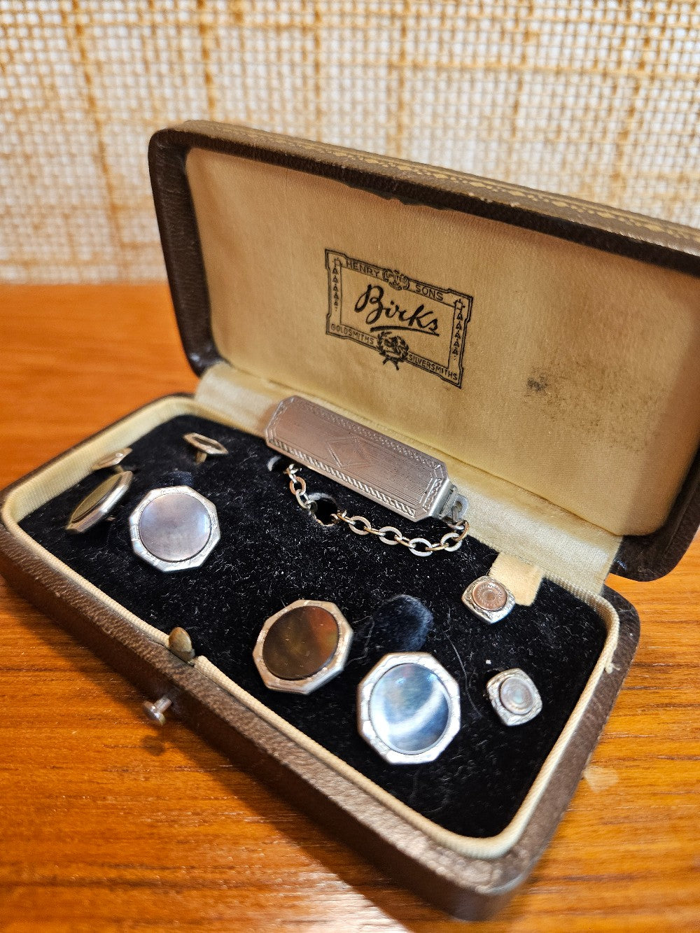 1920s Mother of Pearl Cufflinks and tuxedo shirt studs - Birks Formal Stud Set|12650
