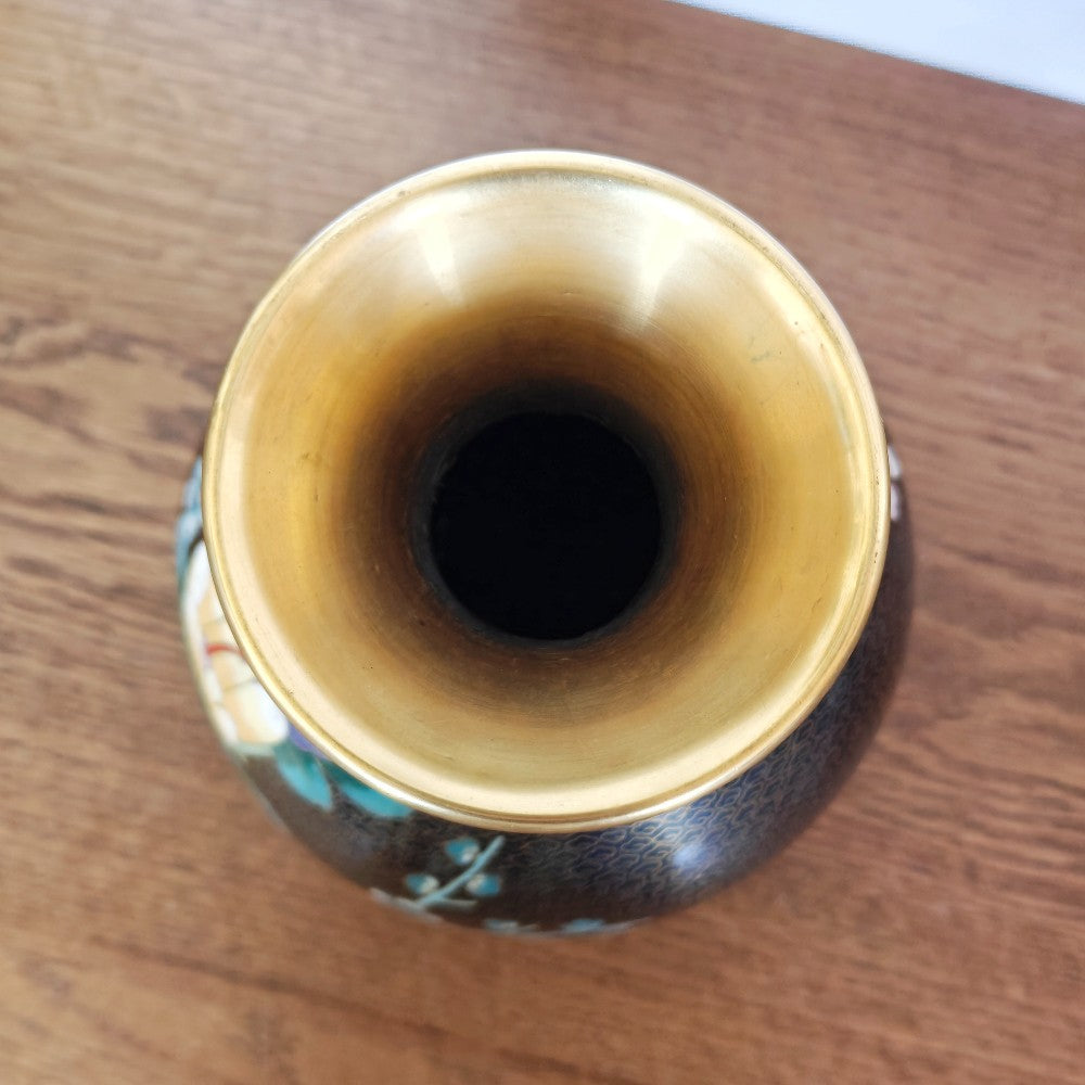 Large black cloisonné vase with flowers|13715